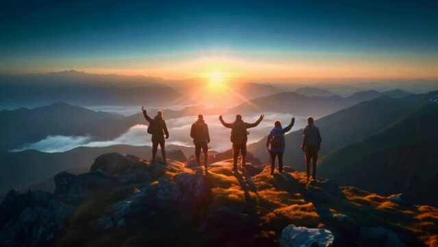 Success of embarking on an exhilarating mountain adventure with breathtaking natural beauty and travelers exploring trekking enthusiasts. Traveler on mountain top enjoying nature	