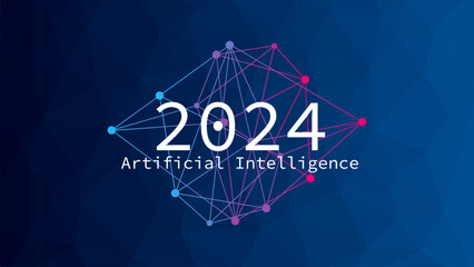 Artificial Intelligence year 2024. Triangle gradient background. Network pattern. Machine learning. Smart digital technology. AI vector illustration. Blue and pink design element - 757357145