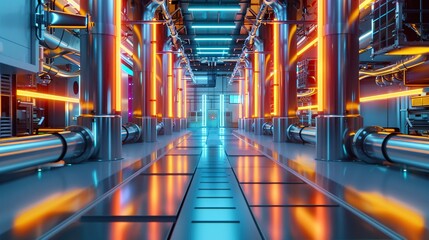 Glowing neon lights reflecting off of polished chrome surfaces in a cyber manufacturing plant - obrazy, fototapety, plakaty