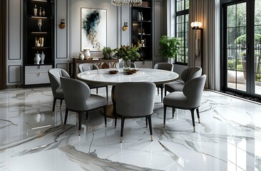 Fototapeta premium Furniture in a dining room with round table, chairs, marble floor