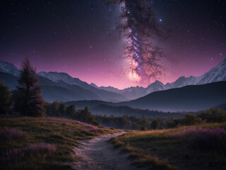 Beautiful mountains landscape with purple star sky