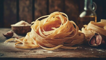 Uncooked fettuccine pasta on a wooden background, prepared for cooking - obrazy, fototapety, plakaty