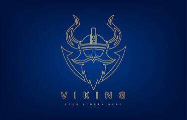 Fototapeta premium Viking and anchor logo. Scandinavian sailors symbol. Nordic warrior design. Horned Norseman symbol. Barbarian man head icon with horn helmet and beard.