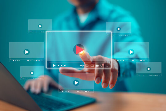 Study E-learning, graduate certificate program concept. Teacher training online education academy. Internet course degree, knowledge creative idea solution. Man computer webinar play virtual screen