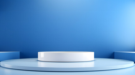 A minimalist scene with a white podium centered against a blue gradient backdrop to showcase products