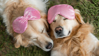 two golden retriever dogs sleeping in pink sleeping mask, top view.