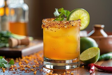 Close-up of a spicy rimmed cocktail garnished with lime.