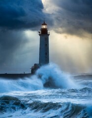  Storm with big waves over the lighthouse at theocean
