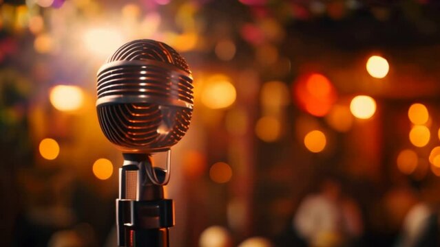 A retro microphone on stage The background is beautiful bokeh lights on the concert stage