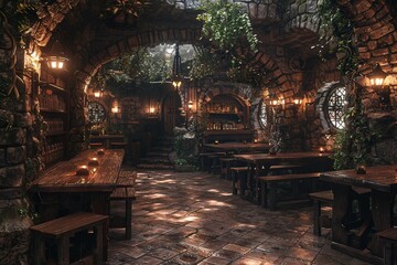 Medieval themed tavern with stone walls and heavy wooden tablesHyperrealistic - obrazy, fototapety, plakaty