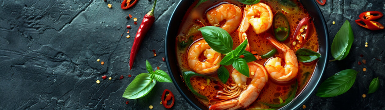Depict the spicy and sour complexity of the Thai soup tom yum goong showcasing the combination of lemongrass