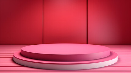 A beautifully crafted image showcasing a modern monochromatic pink room with a circular podium centrally placed