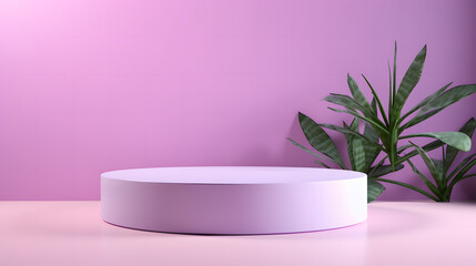 An elegant purple-themed image exhibiting a modern product display podium adorned with a green potted plant