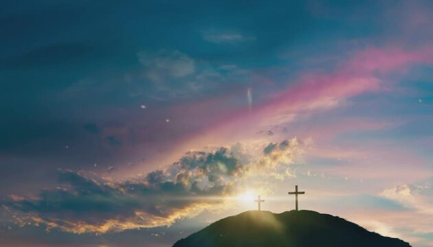 The Cross on a hill, cloudy and radiant blue sky view, for religious reflection, bright light background, beautiful sky view, can be used for screen projection