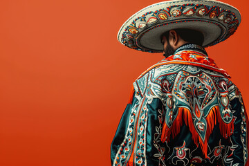 Man in embroidered mariachi suit and sombrero on red background.