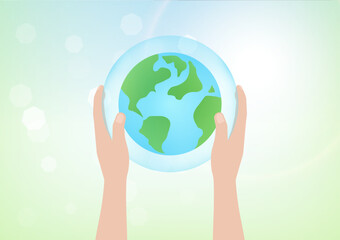 Save Water or Save the World Concept. Hand Holding Drop of Water and World. World Water Day and Environment day. Vector Illustration.