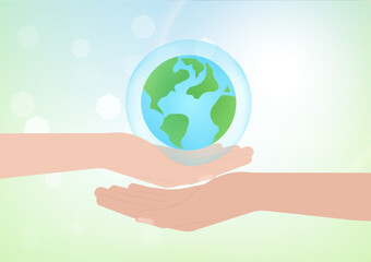 Save Water or Save the World Concept. Hand Holding Drop of Water and World. World Water Day and Environment day. Vector Illustration.