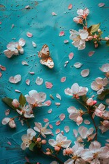 White butterfly and cherry blossoms on a turquoise background. Beautiful springtime background. Flat lay, top view.