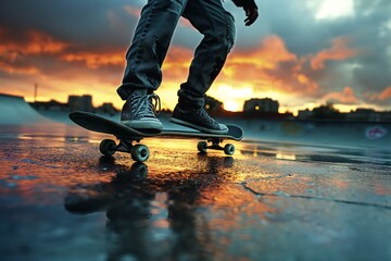 Skateboarder performing a trick on a wet urban skatepark at sunset, Concept of action sports and urban youth culture