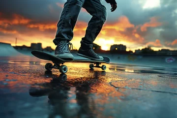 Poster Skateboarder performing a trick on a wet urban skatepark at sunset, Concept of action sports and urban youth culture © Suryani