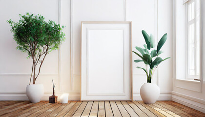 Fototapeta na wymiar White rectangular vertical frame hanging on a white wall mockup