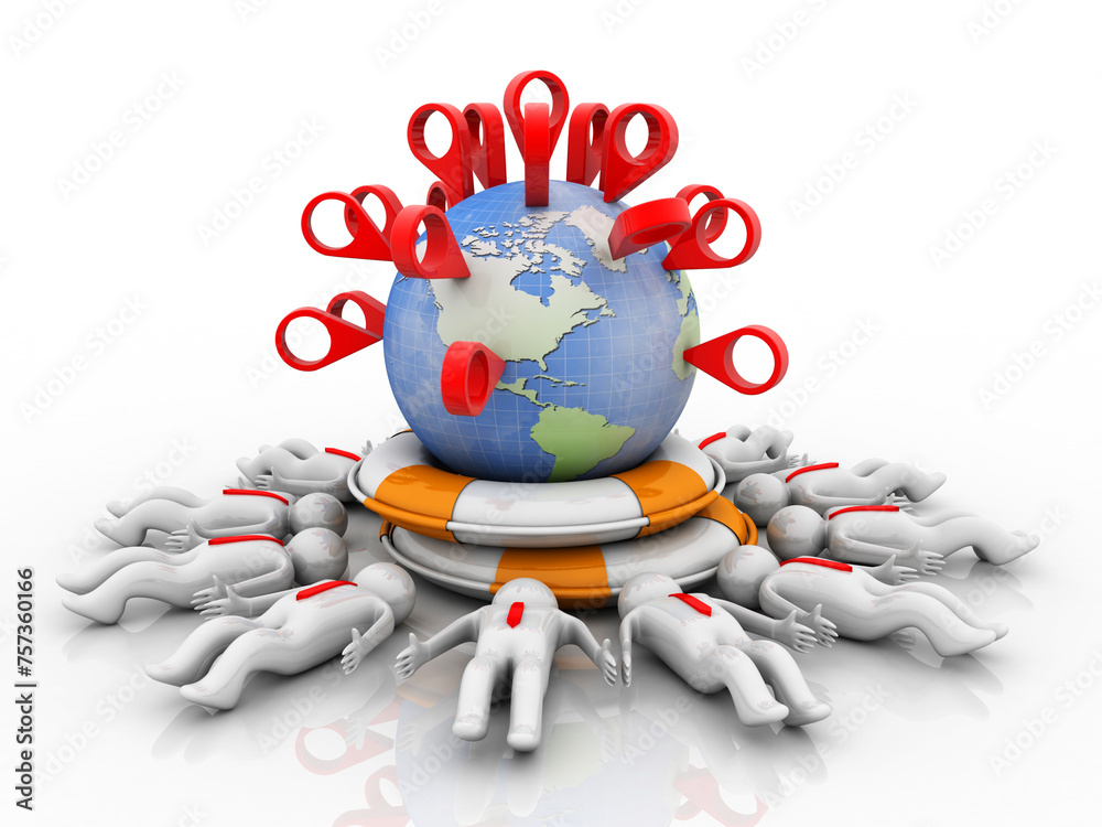 Poster 3d rendering red map pointer in world protected in life belt around people