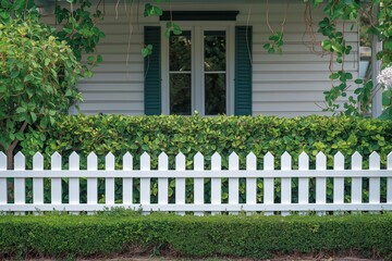 White picket fence framing lush green foliage in front of a house with blue shutters, symbolizing the American dream of home ownership, Concept of suburban living and home security