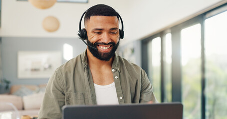 Man, headset and talking in home on video call, live streaming and presentation in online...