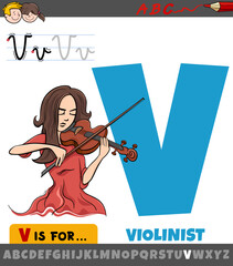 letter V from alphabet with violinist musician character