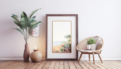 White rectangular vertical frame hanging on a white wall mockup