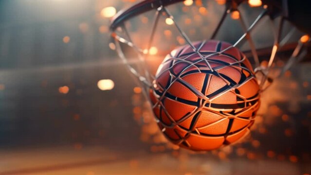 A basketball ball on a basketball court, illustrated with a colorful fantasy sports illustration of a basketball, complete with a fireball