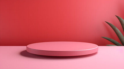 In this image, a vivid pink podium stands on a matching rose-colored floor, ideal for highlighting products