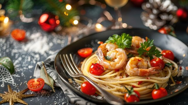 A Professional Food Photo of Arraffy Pasta with Shrimp and Tomatoes