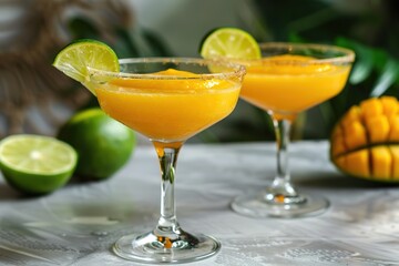 Two mango margaritas with lime garnish on a white surface.