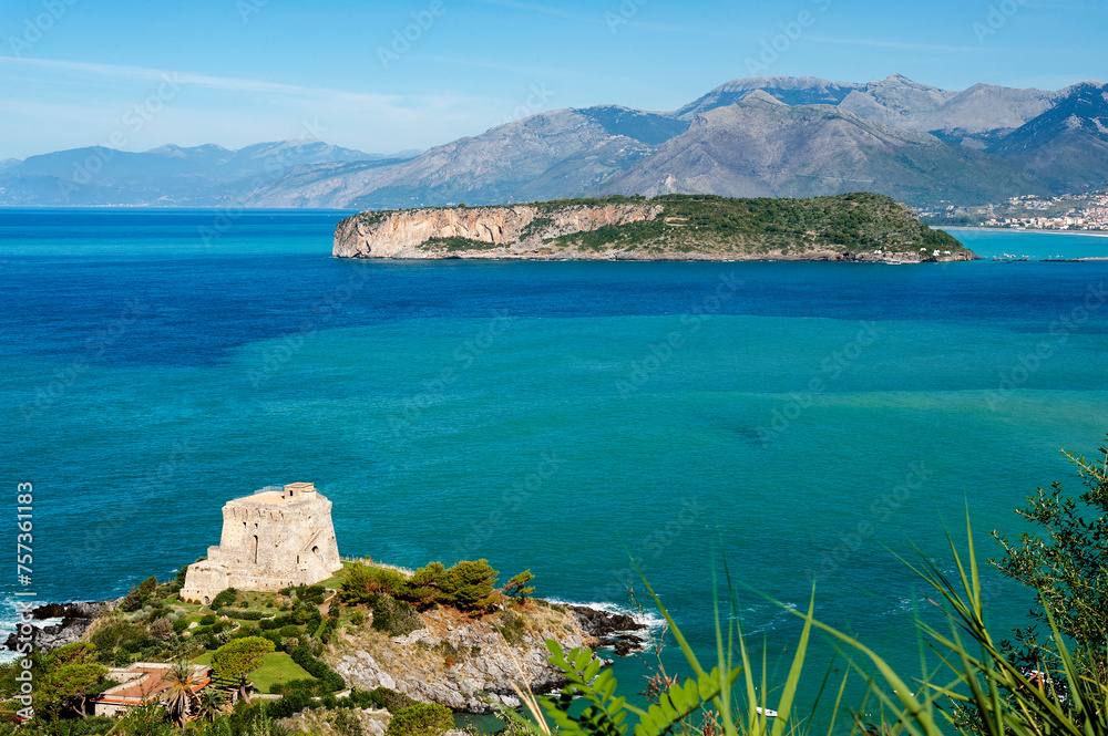 Wall mural Ancient coastal tower of San Nicola Arcella, Cosenza district, Calabria, Italy, in the background Dino island