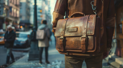 A trendy man wearing a leather bag on a busy city street evoking a modern and professional vibe