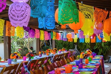 Colorful festive decorations and a banquet table set for a celebration.