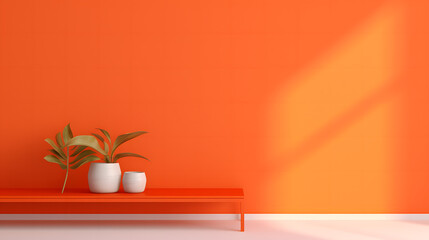 A vibrant green plant in simple white pots resting on a sleek orange shelf, against an orange wall with soft light