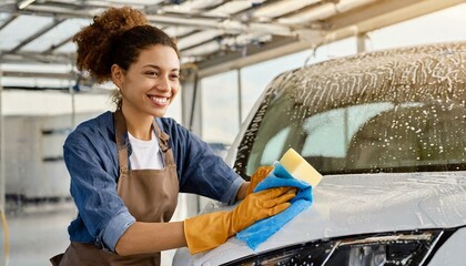 Worker washing car with sponge and detergent on car wash