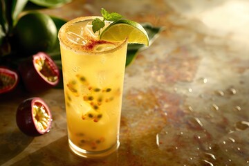 A refreshing cocktail with passion fruit and lime, garnished with mint on a textured table.