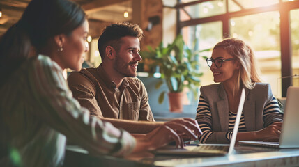 Colleagues are in a collaborative office setting, all smiling and engaged in a discussion with laptops open in front of them.