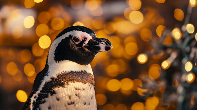 Pinguim Africano isolada e ao fundo luzes amarelas - Papel de parede