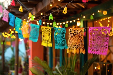 Colorful papel picado banners against a backdrop of string lights.