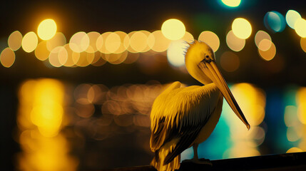 Pelicano isolado e ao fundo luzes amarelas - Papel de parede - obrazy, fototapety, plakaty