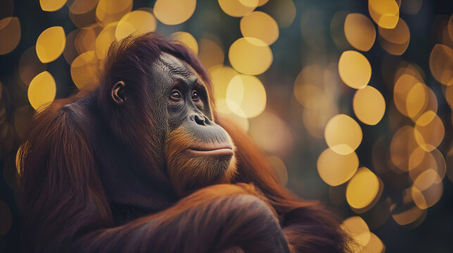 Orangotango isolada e ao fundo luzes amarelas - Papel de parede