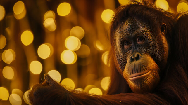 Orangotango isolada e ao fundo luzes amarelas - Papel de parede