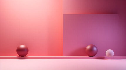 This image features a minimalist setting with two reflective spheres and a smaller opaque one against a gradient background of pink and red tones