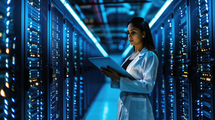 Focused IT professional using a laptop while standing in a server room with racks of network equipment illuminated by blue lights