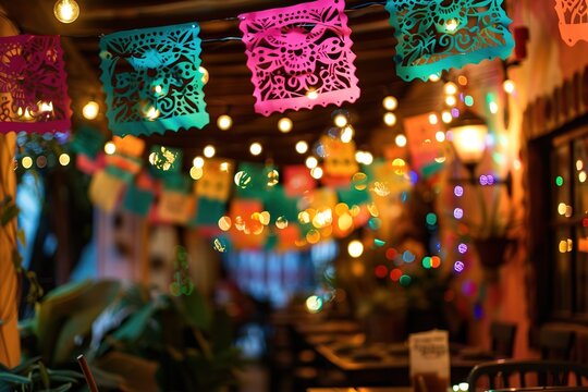 Colorful paper cutouts and lights set the festive mood for a celebration.