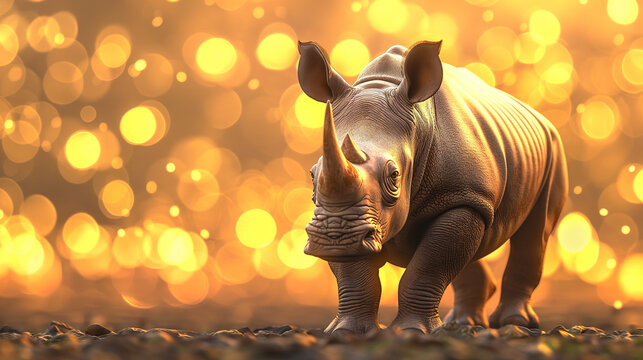 Rinoceronte isolado e ao fundo luzes amarelas - Papel de parede